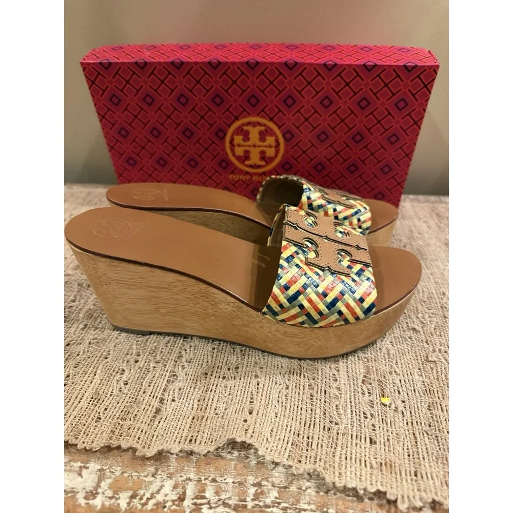 Tory Burch Ines Woven Multicolor Raffia Wedge Platform‎ Slide Sandals Sz-8